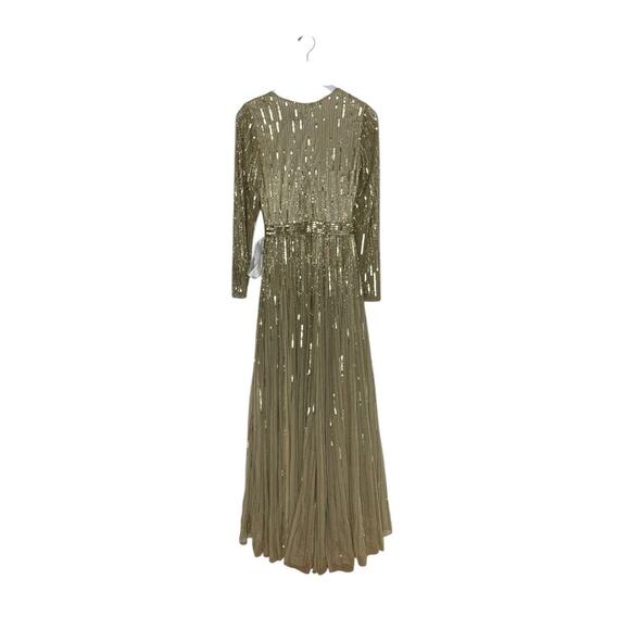 Mac Duggal Taupe Gold Long Sleeve Sequin & Bead Stripe Gown Size 6 $598 - Picture 6 of 8